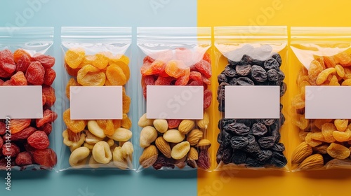 Fototapeta Naklejka Na Ścianę i Meble -  Blank mockup of label on transparent packaging for dried fruits and nuts, with zip lock. Prunes, dried apricots, cranberries, almonds, Brazil nuts