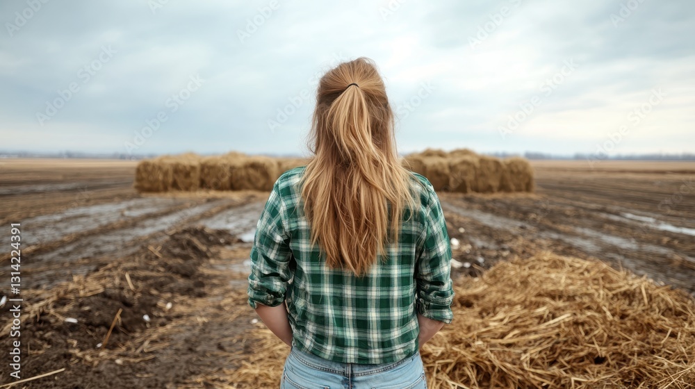 A young woman dressed in plaid stands against a beautiful backdrop of agriculture, expressing serenity and connection to nature, embodying themes of growth and renewal in farming culture. A young woman dressed in plaid stands against a beautiful backdrop of agriculture, expressing serenity and connection to nature, embodying themes of growth and renewal in farming culture.
