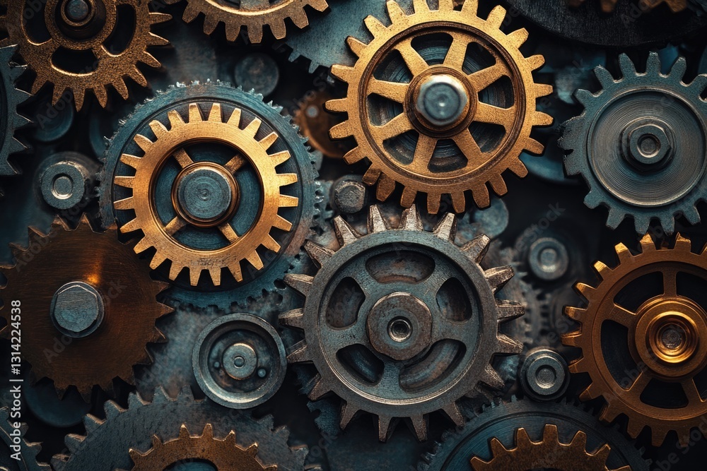 Intricate clockwork gears intermeshing, showcasing metallic textures and a steampunk aesthetic. Intricate clockwork gears intermeshing, showcasing metallic textures and a steampunk aesthetic.