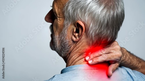 Mature male grimacing, neck discomfort highlighted in red, suggesting muscular tension or potential injury zone spinal problems video 4k