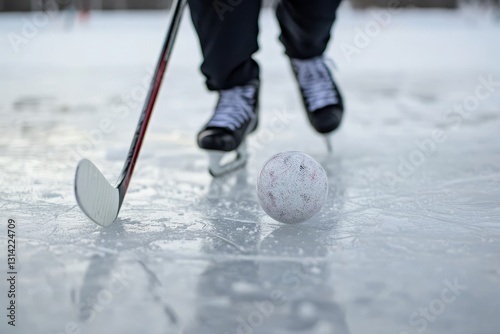 Close-up of a bandy ball on a frozen lake with a player wearing ice skates getting ready for the face-off