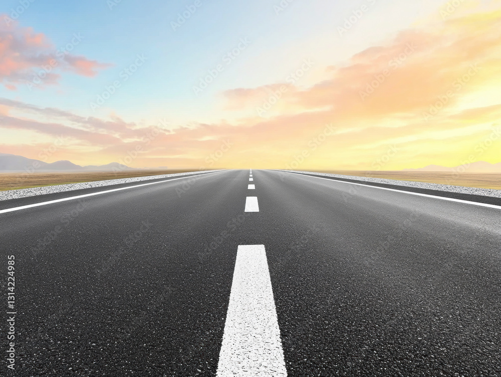 Fototapeta premium Winding road stretching towards a colorful sunset in the distance