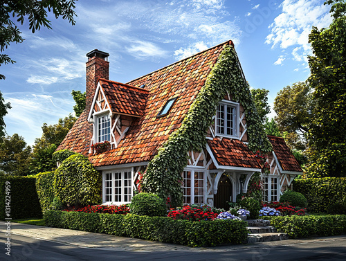 Charming English Cottage with Ivy-Covered Walls and Red Tile Roof in a Lush Garden Setting