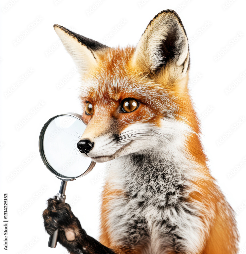 Fototapeta premium Fox holding a magnifying glass in a curious pose