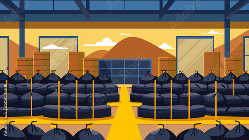 Countless bags of bitumen stacked neatly in a warehouse waiting to be used in the production process.. Vector illustration