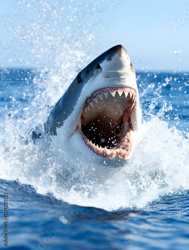 Great white shark jumps, mouth open in ocean, splashing water around