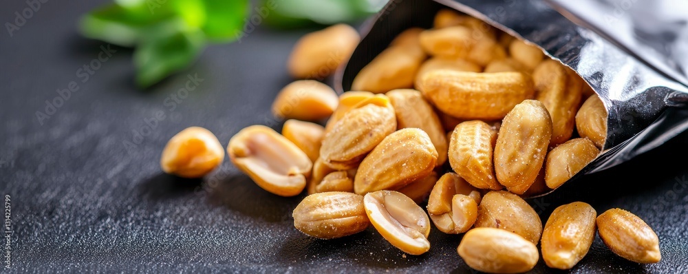 Obraz premium Roasted Peanuts Spilling From Bag on Dark Surface
