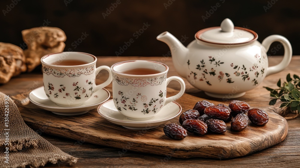 A traditional tea set and dates for Iftar on a wooden table. A traditional tea set and dates for Iftar on a wooden table.