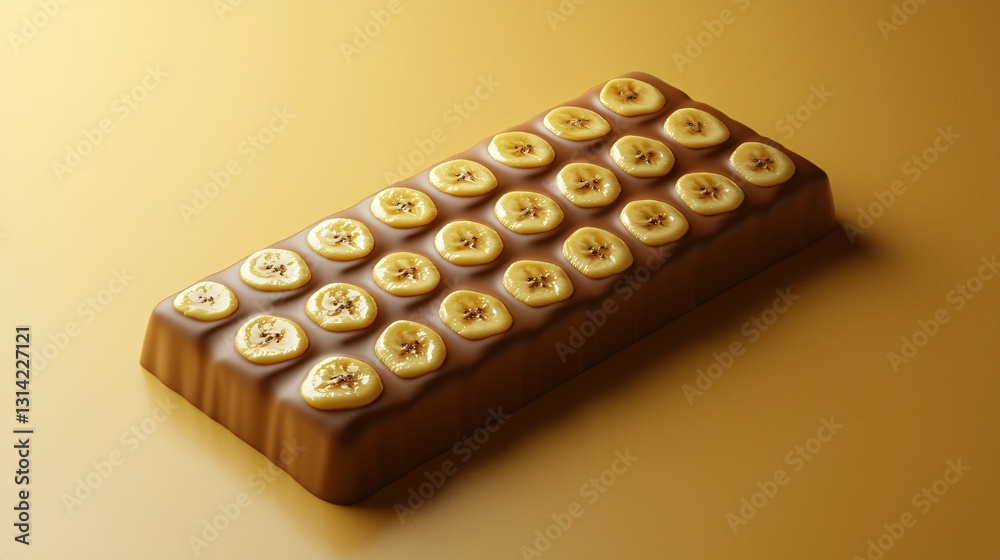Delicious chocolate bar with banana slices on smooth golden background Delicious chocolate bar with banana slices on smooth golden background