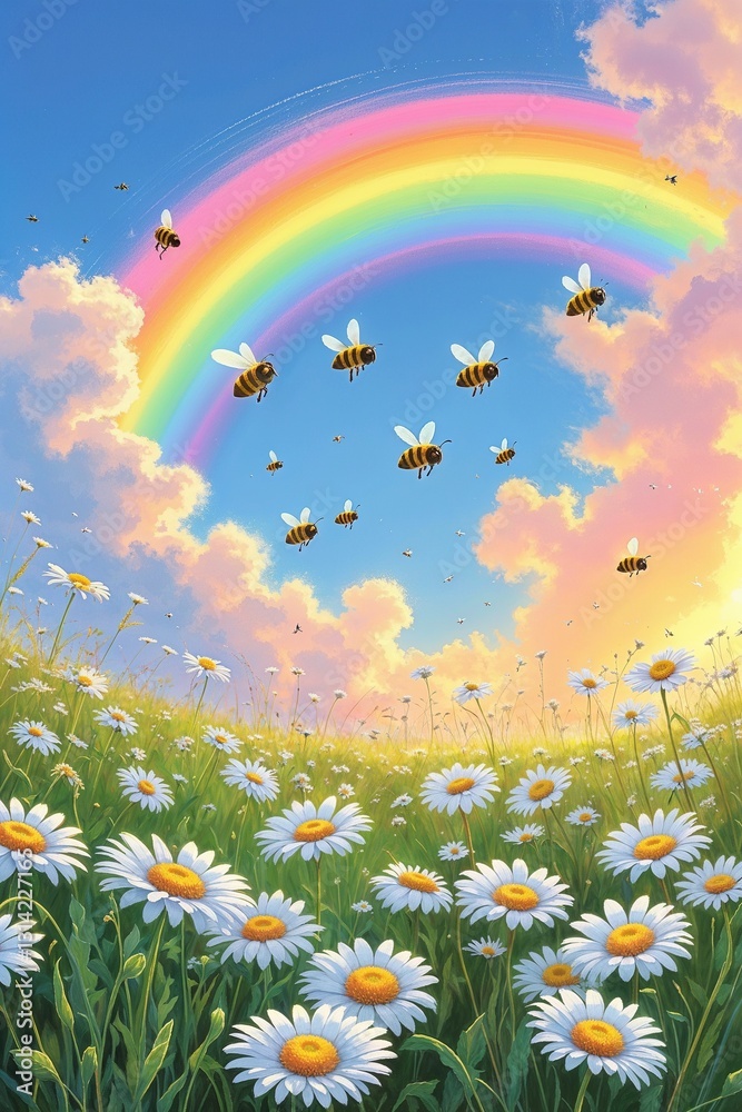 A vibrant rainbow spans the sky as bees flit about in a lush field of daisies. The sun casts a warm glow, creating a cheerful atmosphere perfect for a serene day outdoors