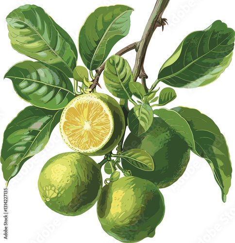 Lime vector isolated, old botanical illustration, lime fruit, transparent background, vintage botanical art, lime design, green lime, botanical drawing, citrus lime, retro illustration.