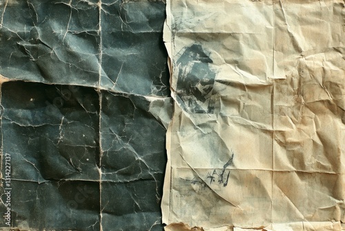 Crumpled paper overlay texture. Wrinkled weathered grunge paper effect background. Great for music poster, vinyl album cover, vintage design. Realistic photo of creased torn mockup document