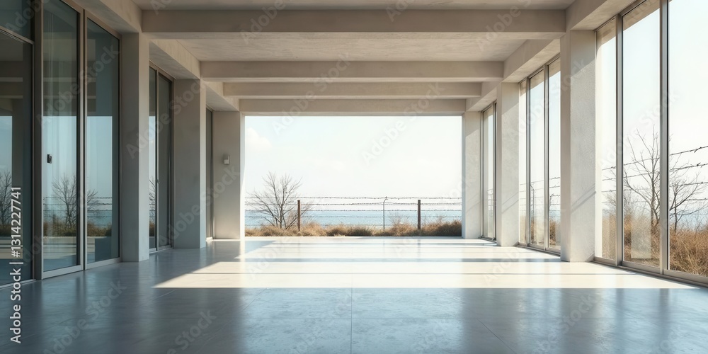 Fototapeta premium Sunlit Minimalist Interior with Expansive Ocean Views Through Floor-to-Ceiling Windows and Concrete Pillars
