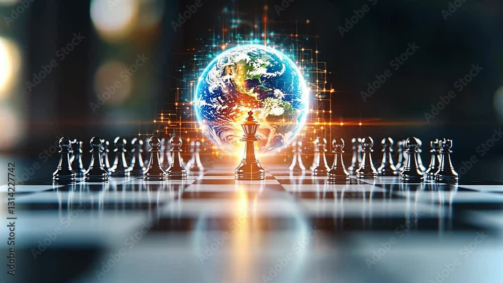 Chess and world concept blending strategy with universal themes in striking 4K animation