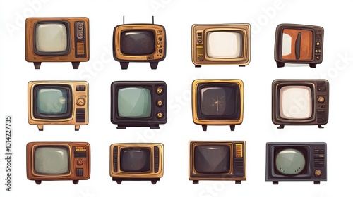 A set of classic retro-style old televisions with cut-out screens, isolated on a white background