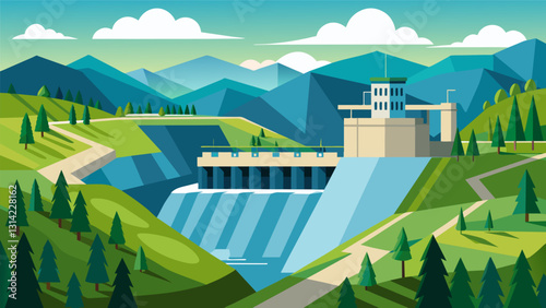 Amidst the lush green forests and rolling hills a powerful hydroelectric facility reigned supreme providing sustainable energy for miles around.. Vector illustration