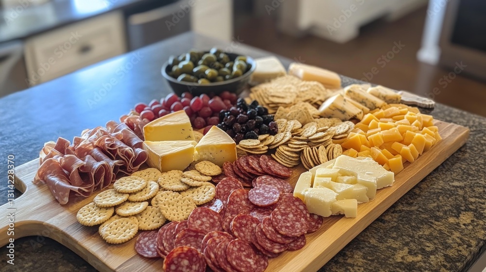 Fototapeta premium Gourmet charcuterie board with assorted cheeses, meats, crackers, and fruits