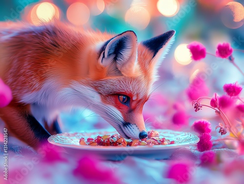 A vibrant red fox delicately eats from a plate surrounded by pink flowers.  Magical, whimsical, fantasy-like scene. photo