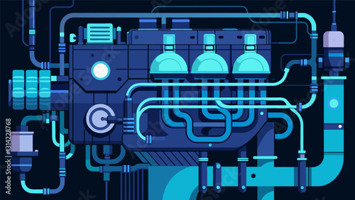 The intricate network of pipes and hoses are illuminated by the faint blue glow of the marine diesel engines control panel.. Vector illustration