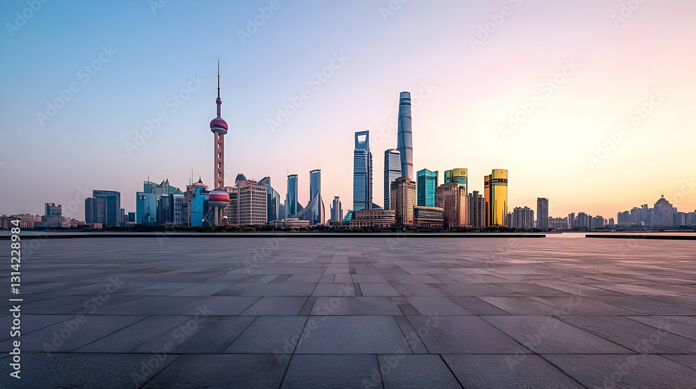 Fototapeta premium Panoramic Twilight View of Shanghai Skyline with Illuminated Skyscrapers and Oriental Pearl Tower from Empty Plaza by Huangpu River
