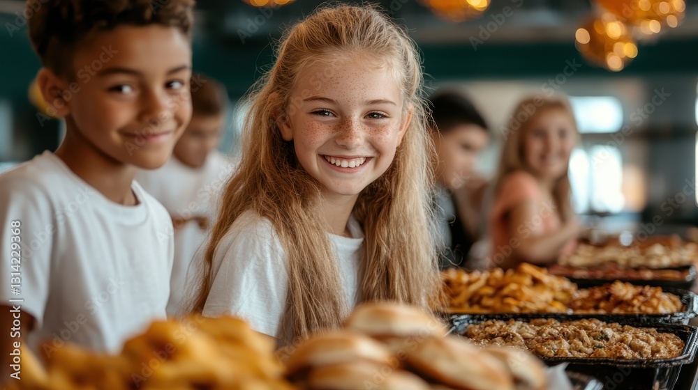 A cheerful group of children are gathered around a buffet table filled with an array of delicious foods, showcasing their enjoyment of the moment and camaraderie among peers.