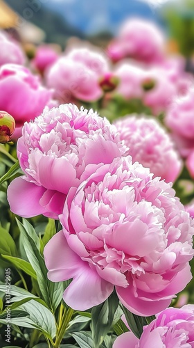 Fototapeta Naklejka Na Ścianę i Meble -  Beautiful fresh peonies with soft pink petals, captured in a natural outdoor setting.