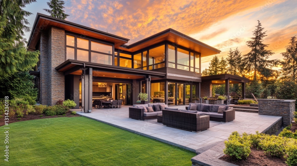 Obraz premium Modern Luxury Home with Spacious Patio at Sunset, Embracing Golden Hour Warmth and Elegance