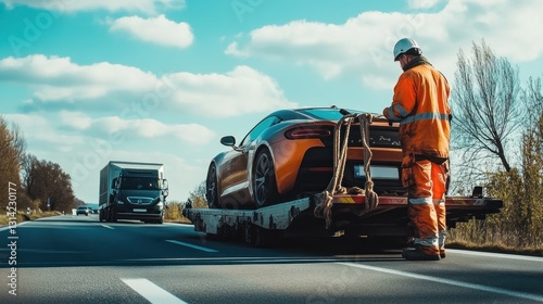 Tow truck worker securing a sports car on a highway