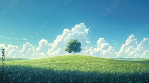 Panoramic View: Green Hills and Meadows Beneath Blue Skies and White Clouds (AI-Generated)