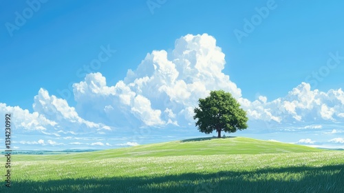 Panoramic View: Green Hills and Meadows Beneath Blue Skies and White Clouds (AI-Generated)