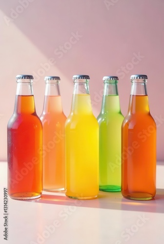 Five Glass Bottles Filled with Vibrant Refreshing Beverages on a Light Pink Background