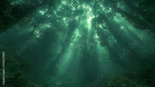 Misty Rainforest Canopy at Dawn with Towering Trees Draped in Vines in 8k Jungle Photography
