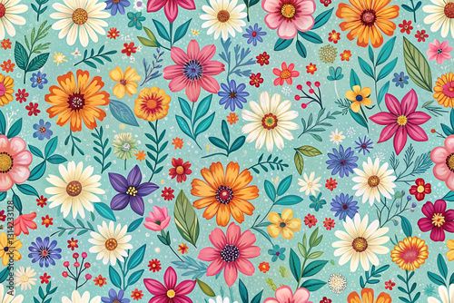 Wallpaper Mural Vibrant floral seamless pattern with various flowers, leaves, and small blossoms on a teal background. Torontodigital.ca