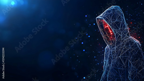 Dark Blue Polygon Mesh Wireframe Hacker In Hoodie With Glowing Red Eyes On Dark Blue Background With Lens Flare photo