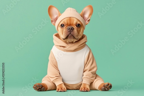 Cute dog wearing stylish costume. Dogs' blank t-shirt mockup. French bulldog in white tee template