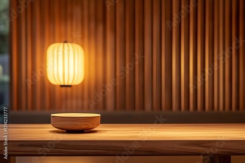 Empty wooden table in front of blurred wooden wall and light lamp background. Ready for product display montage. High quality photo