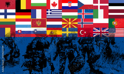 A powerful depiction of NATO, showing its member flags alongside an advancing military force, representing strength, cooperation, and defense commitments photo