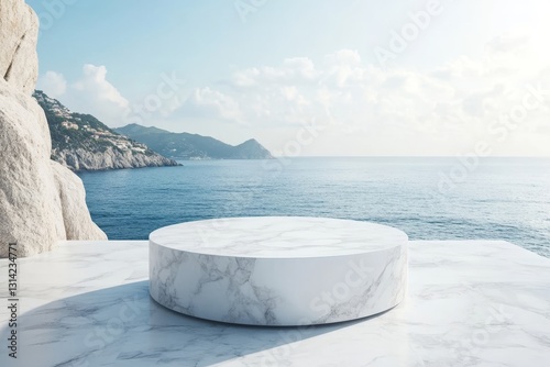 Empty pedestal white marble on white floor with sea and island view background. High quality photo
