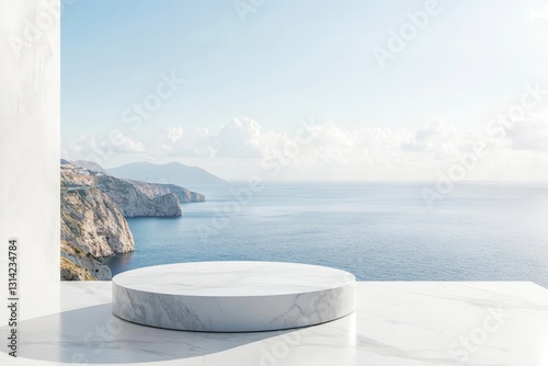 Empty pedestal white marble on white floor with sea and island view background. High quality photo