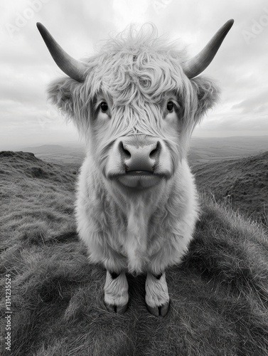 Black and white Highland cow portrait on grassy hill backdrop