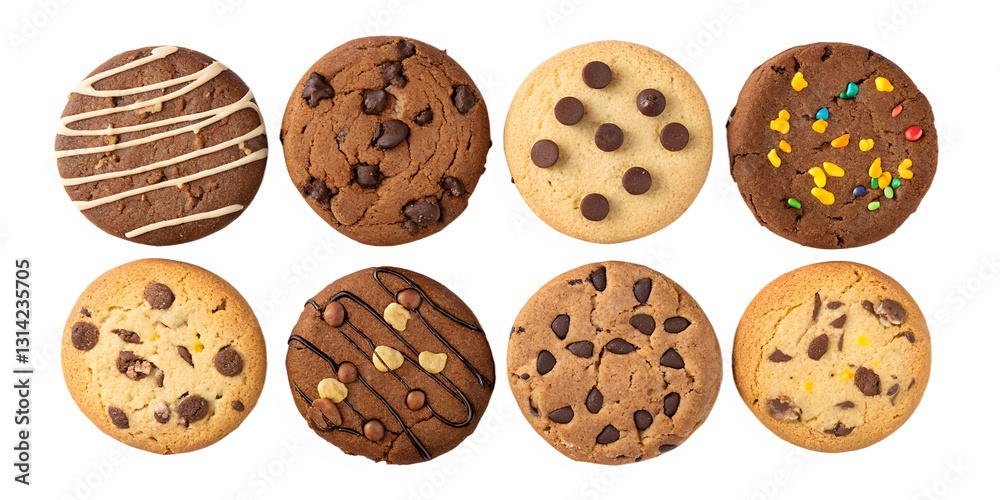 top view collection set of chocolate chip cookies isolated on white background png top view collection set of chocolate chip cookies isolated on white background png
