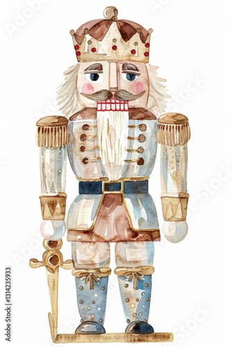 Watercolor Nutcracker Doll with Gold and Blue Accents photo