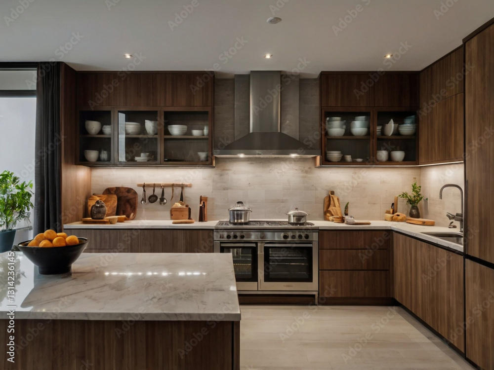 Fototapeta premium : Minimalist Modern Kitchen Interior with Warm Lighting and Sleek Design