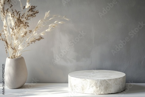 White stone podium on white table with gray wall background. High quality photo