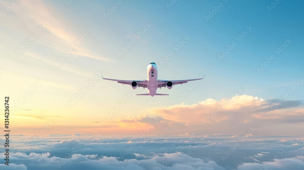Airplane Flying Above Clouds Against a Blue Sky during Sunset with Orange and Blue Hues