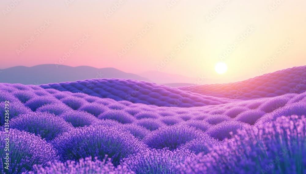 Purple lavender field at sunset with mountains in background Purple lavender field at sunset with mountains in background