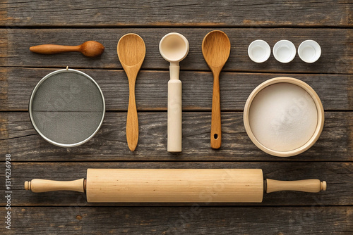 Flatlay of wooden kitchen utensils, measuring spoons, sieve, rolling pin, and sugar on rustic wood.