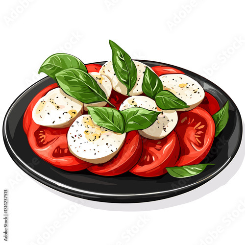 Caprese salad, basil, tomato, mozzarella, olive oil, oregano, black pepper, sea salt on a dark plate Top view. Healthy vegetarian mediterranean food concept Vector illustration on a white background