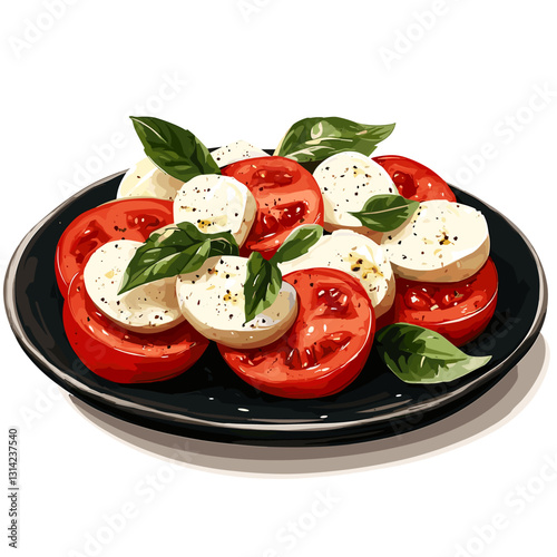 Caprese salad, basil, tomato, mozzarella, olive oil, oregano, black pepper, sea salt on a dark plate Top view. Healthy vegetarian mediterranean food concept Vector illustration on a white background