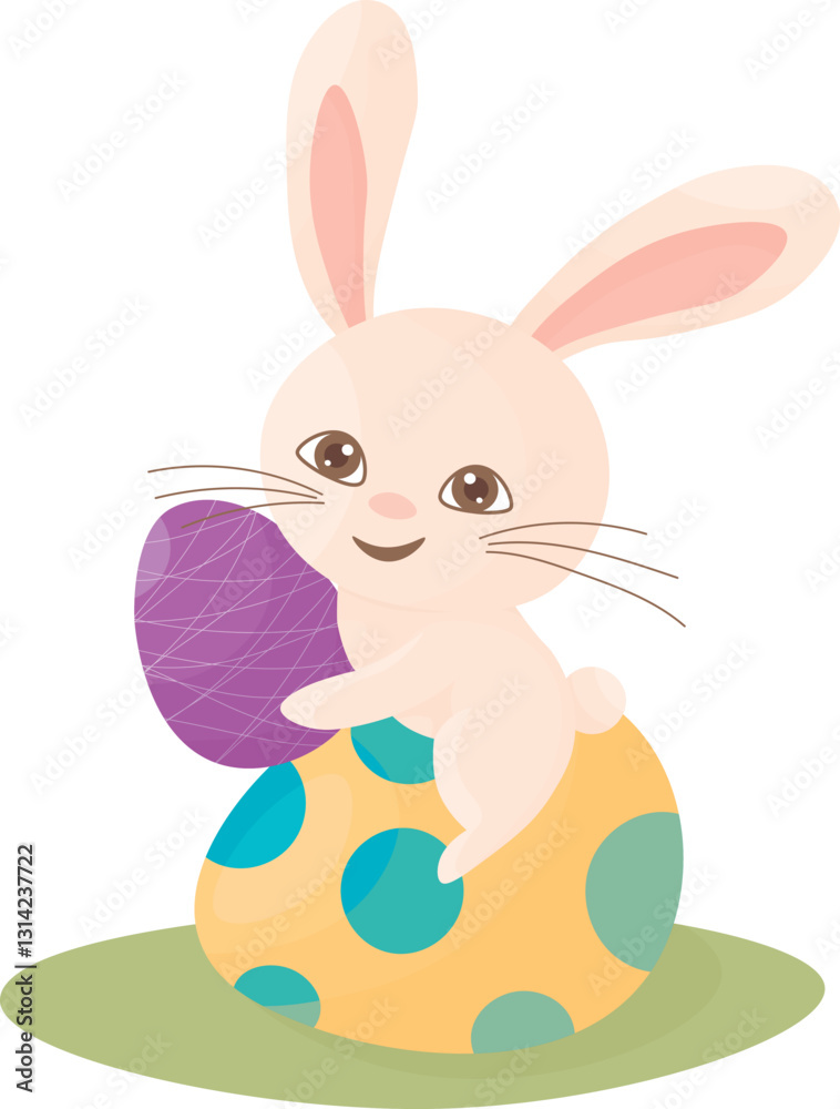 Fototapeta premium Happy bunny with easter eggs. Postcard, poster Happy Easter, Happy Birthday. Vector illustration